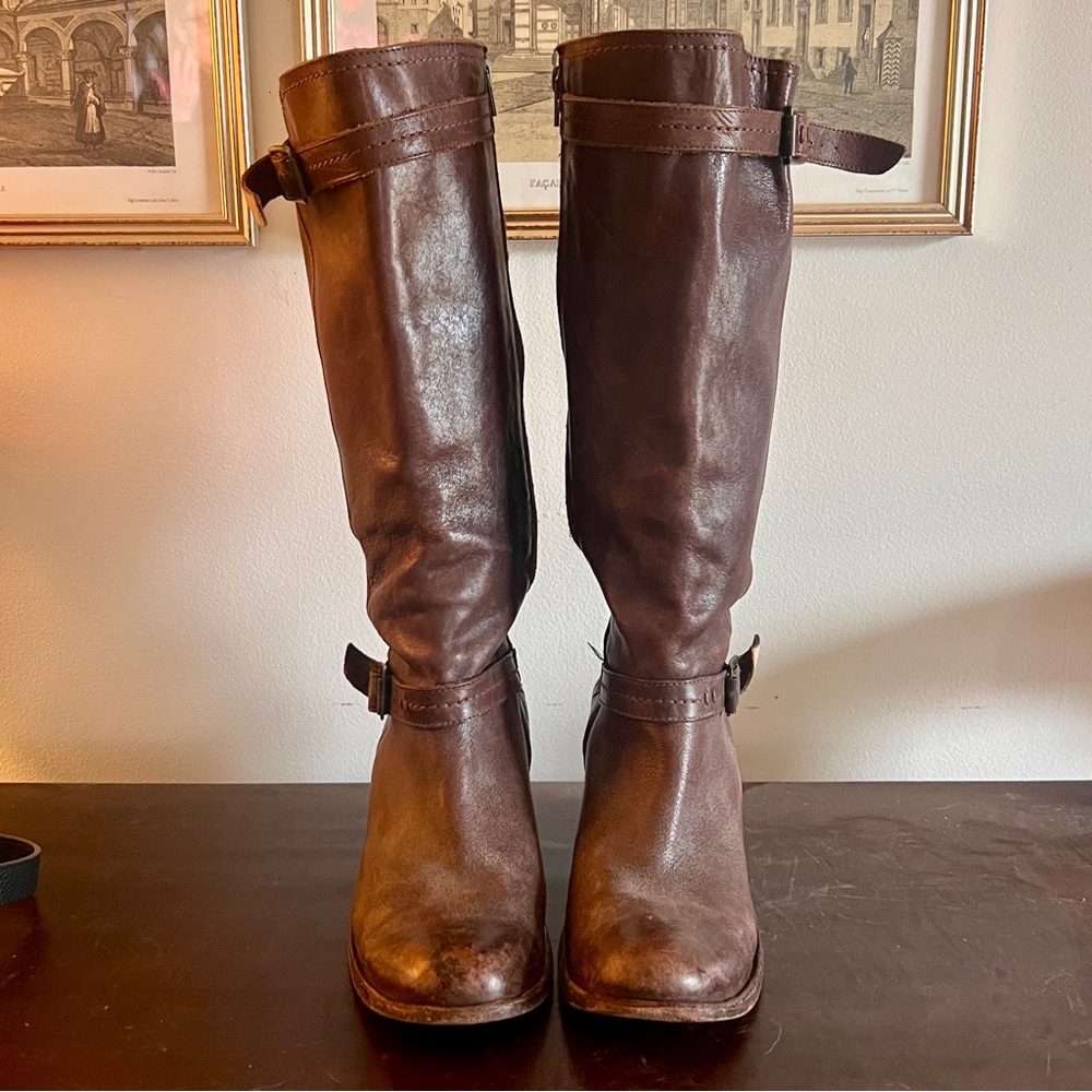Frye Carmen Dark Brown Leather Block Heel Inside Zip Tall Buckle Riding Boots